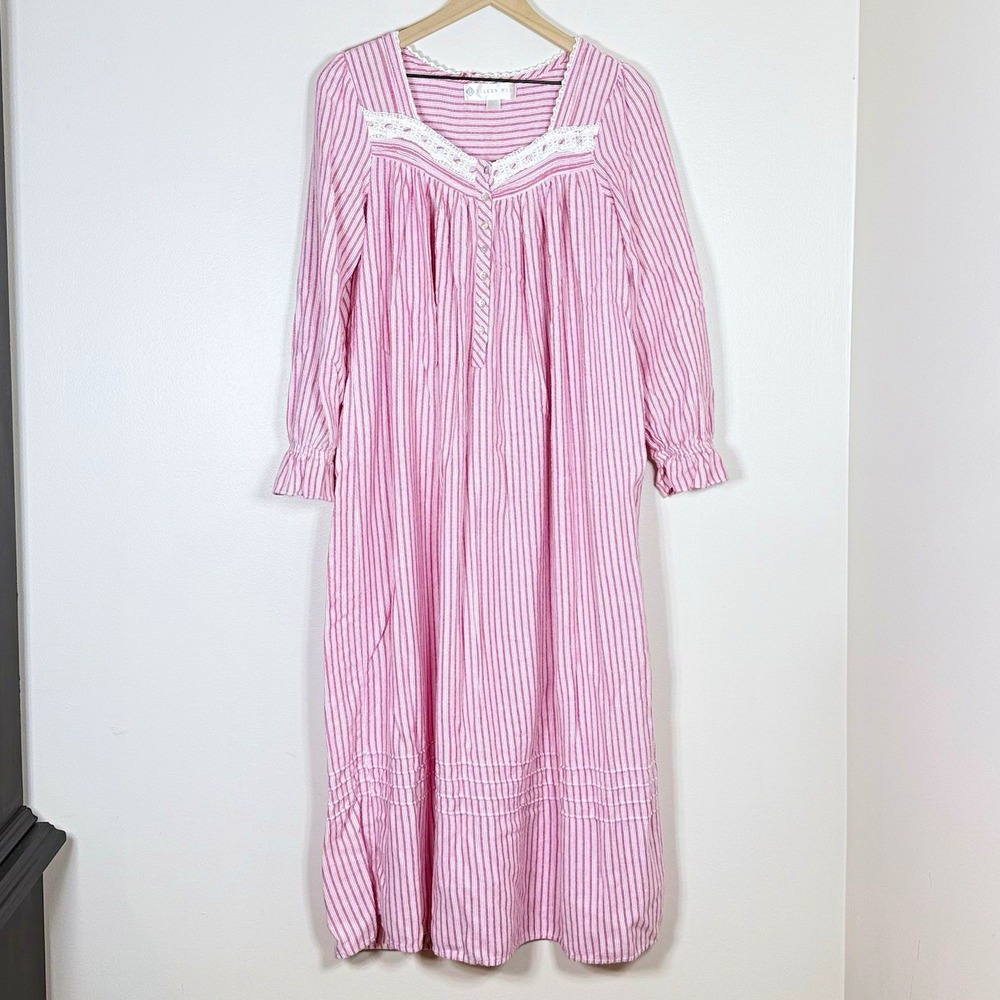 Eileen West Womens Midi Nightgown Dress S Pink White Stripe Lace Trim Grandma